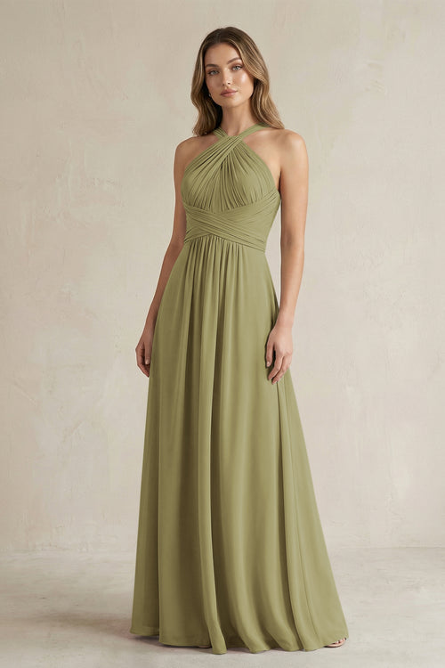 Cross Halter A-Line Pleated Bridesmaid Dress in Moss Green | KISSBRIDAL