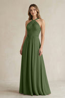 Cross Halter A-Line Pleated Bridesmaid Dress in Moss | KISSBRIDAL