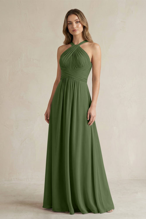 Cross Halter A-Line Pleated Bridesmaid Dress in Moss | KISSBRIDAL