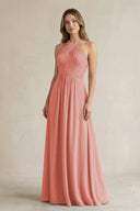 Cross Halter A - Line Pleated Bridesmaid Dress in Mulberry - SHE IS ME Bridesmaid Dresses