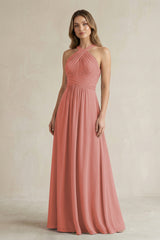 Cross Halter A-Line Pleated Bridesmaid Dress in Mulberry | KISSBRIDAL
