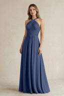 Cross Halter A - Line Pleated Bridesmaid Dress in Navy - SHE IS ME Bridesmaid Dresses