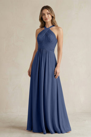Cross Halter A - Line Pleated Bridesmaid Dress in Navy - SHE IS ME Bridesmaid Dresses