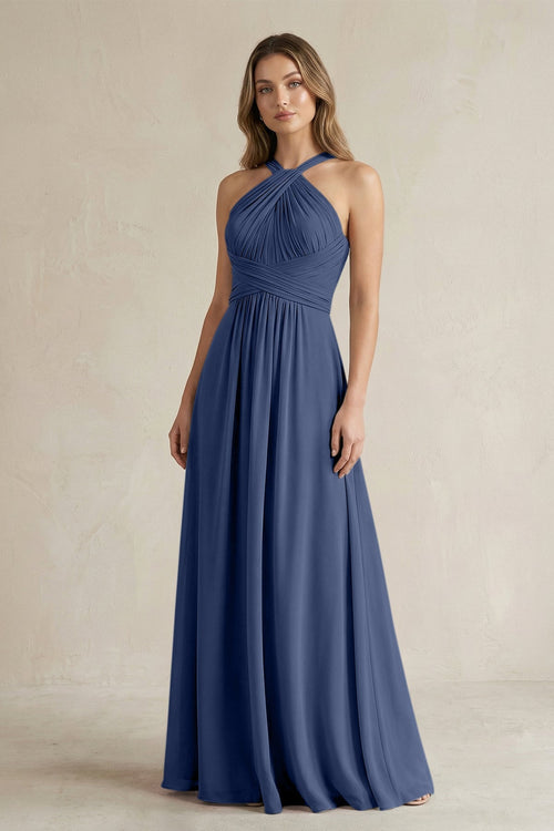 Cross Halter A - Line Pleated Bridesmaid Dress in Navy - SHE IS ME Bridesmaid Dresses