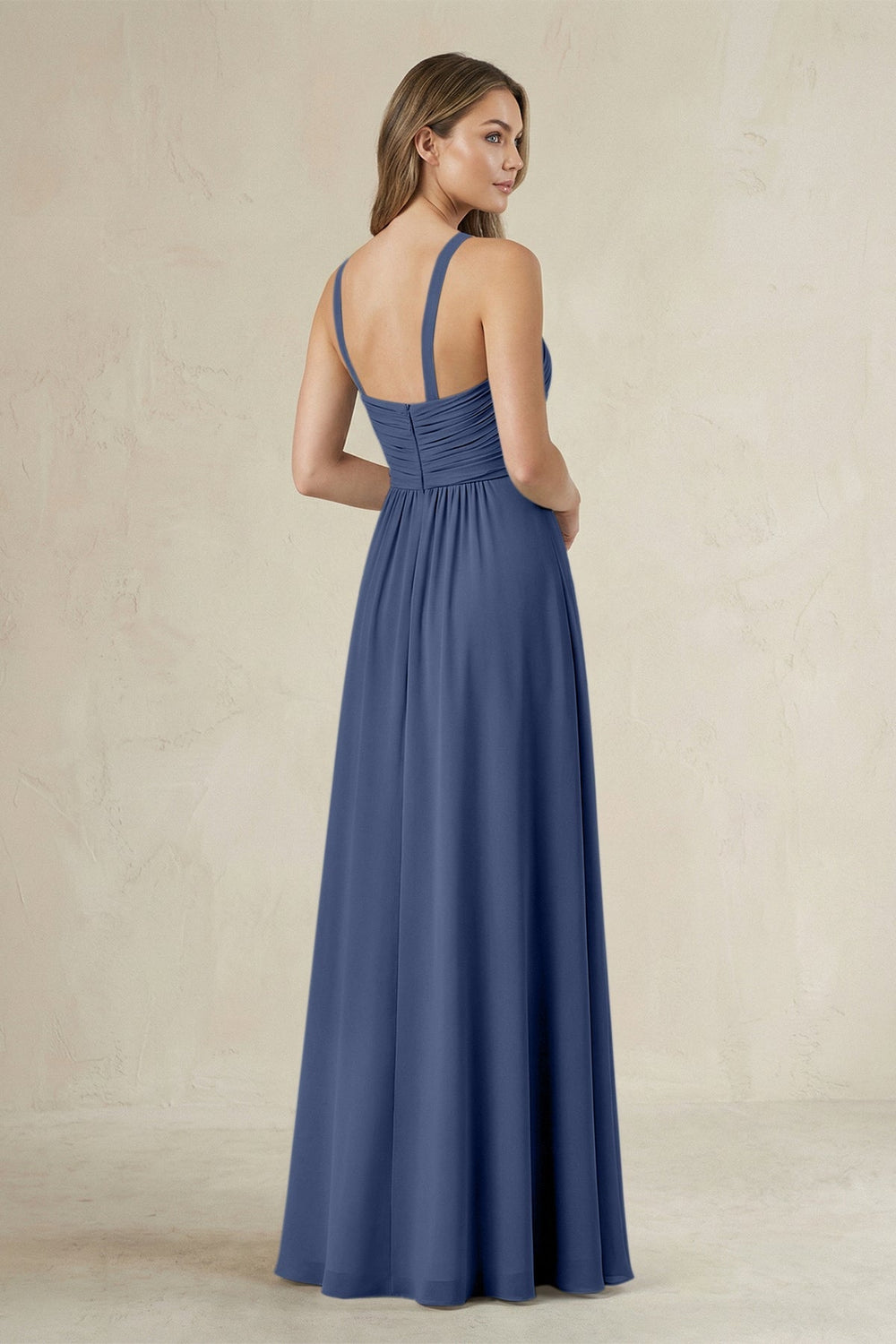 Cross Halter A - Line Pleated Bridesmaid Dress in Navy - KISS BRIDAL Bridesmaid Dresses