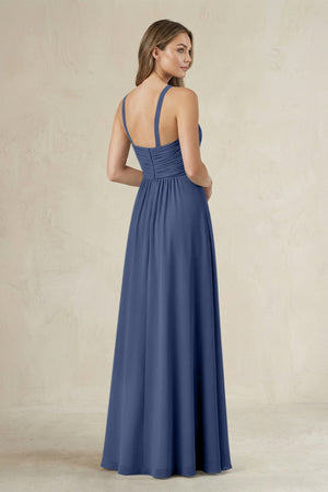 Cross Halter A - Line Pleated Bridesmaid Dress in Navy - SHE IS ME Bridesmaid Dresses