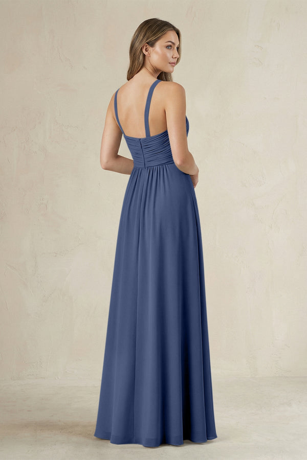 Cross Halter A - Line Pleated Bridesmaid Dress in Navy - SHE IS ME Bridesmaid Dresses