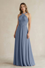 Cross Halter A - Line Pleated Bridesmaid Dress in Neptune - KISS BRIDAL Bridesmaid Dresses