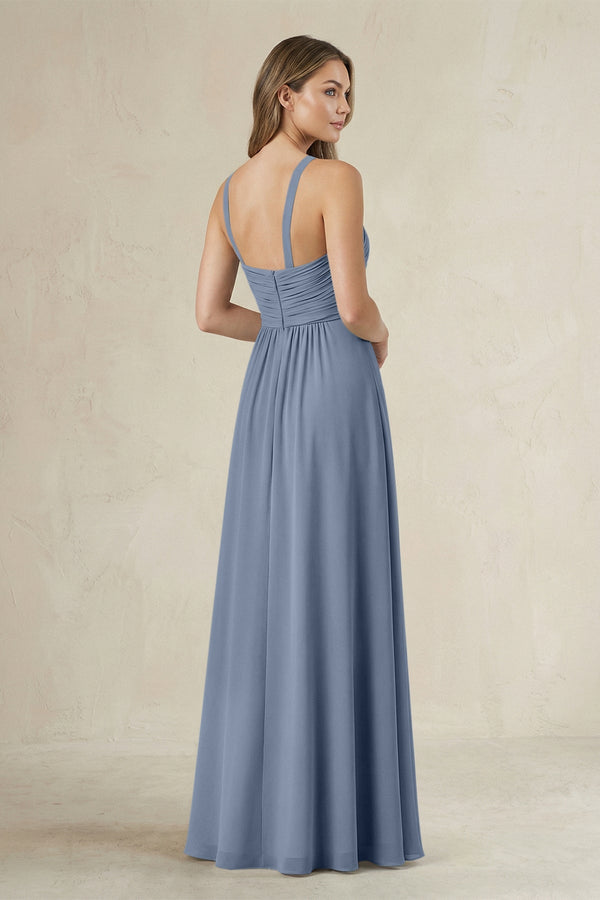 Cross Halter A - Line Pleated Bridesmaid Dress in Neptune - SHE IS ME Bridesmaid Dresses