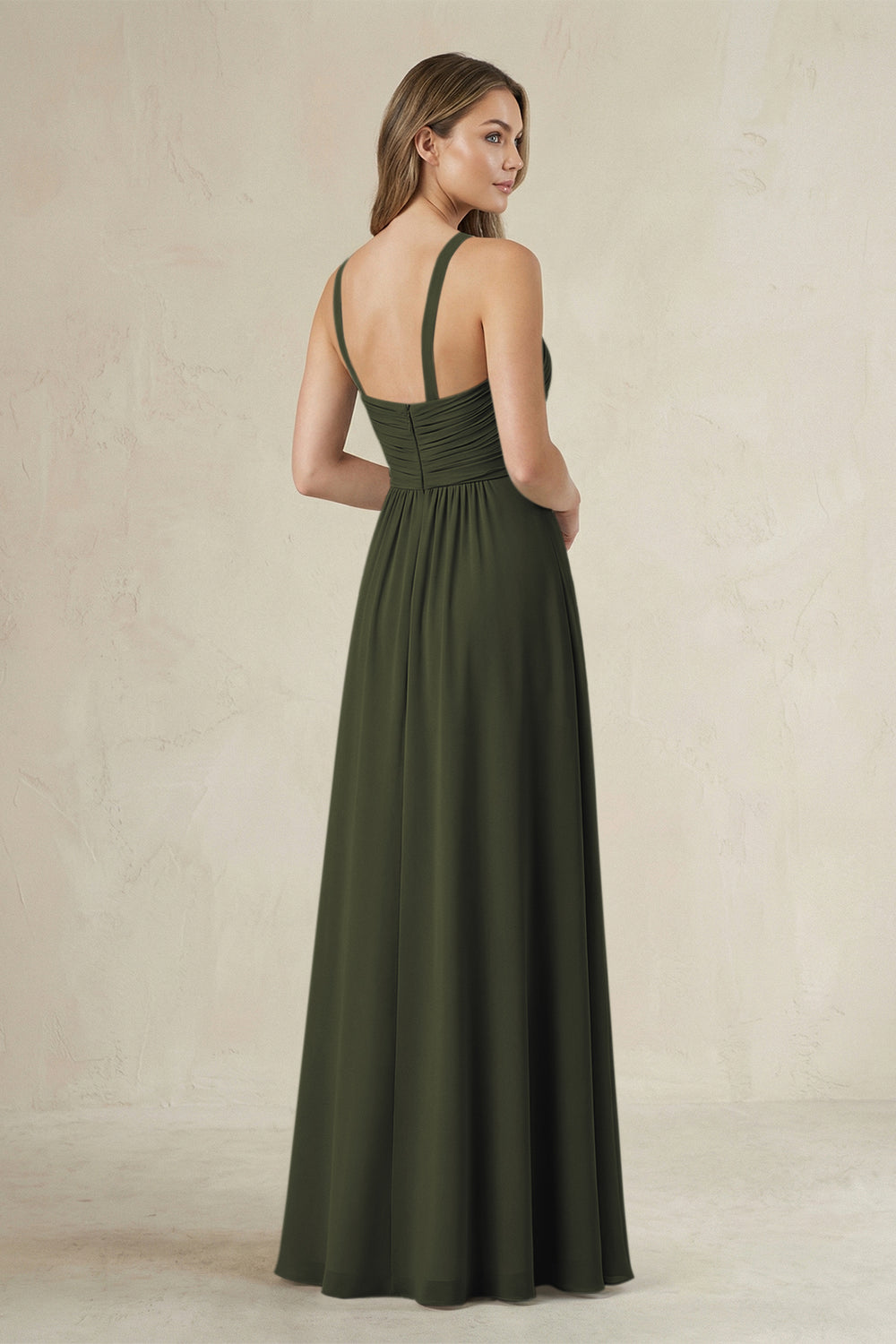 Cross Halter A-Line Pleated Bridesmaid Dress in Olive