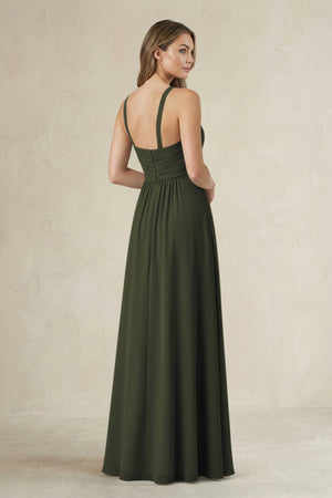 Cross Halter A-Line Pleated Bridesmaid Dress in Olive (2) | KISSBRIDAL