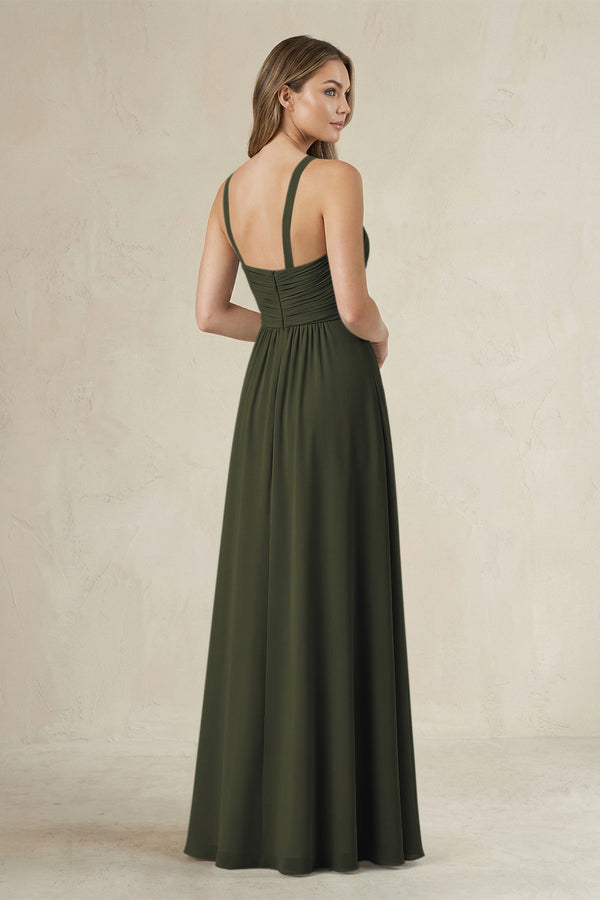 Cross Halter A-Line Pleated Bridesmaid Dress in Olive (2) | KISSBRIDAL