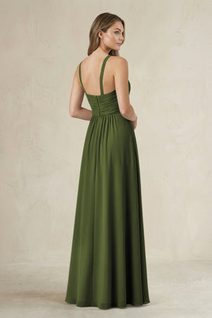 Cross Halter A - Line Pleated Bridesmaid Dress in Olive - SHE IS ME Bridesmaid Dresses