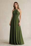 Cross Halter A - Line Pleated Bridesmaid Dress in Olive - SHE IS ME Bridesmaid Dresses