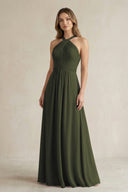Cross Halter A-Line Pleated Bridesmaid Dress in Olive | KISSBRIDAL