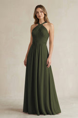 Cross Halter A-Line Pleated Bridesmaid Dress in Olive | KISSBRIDAL