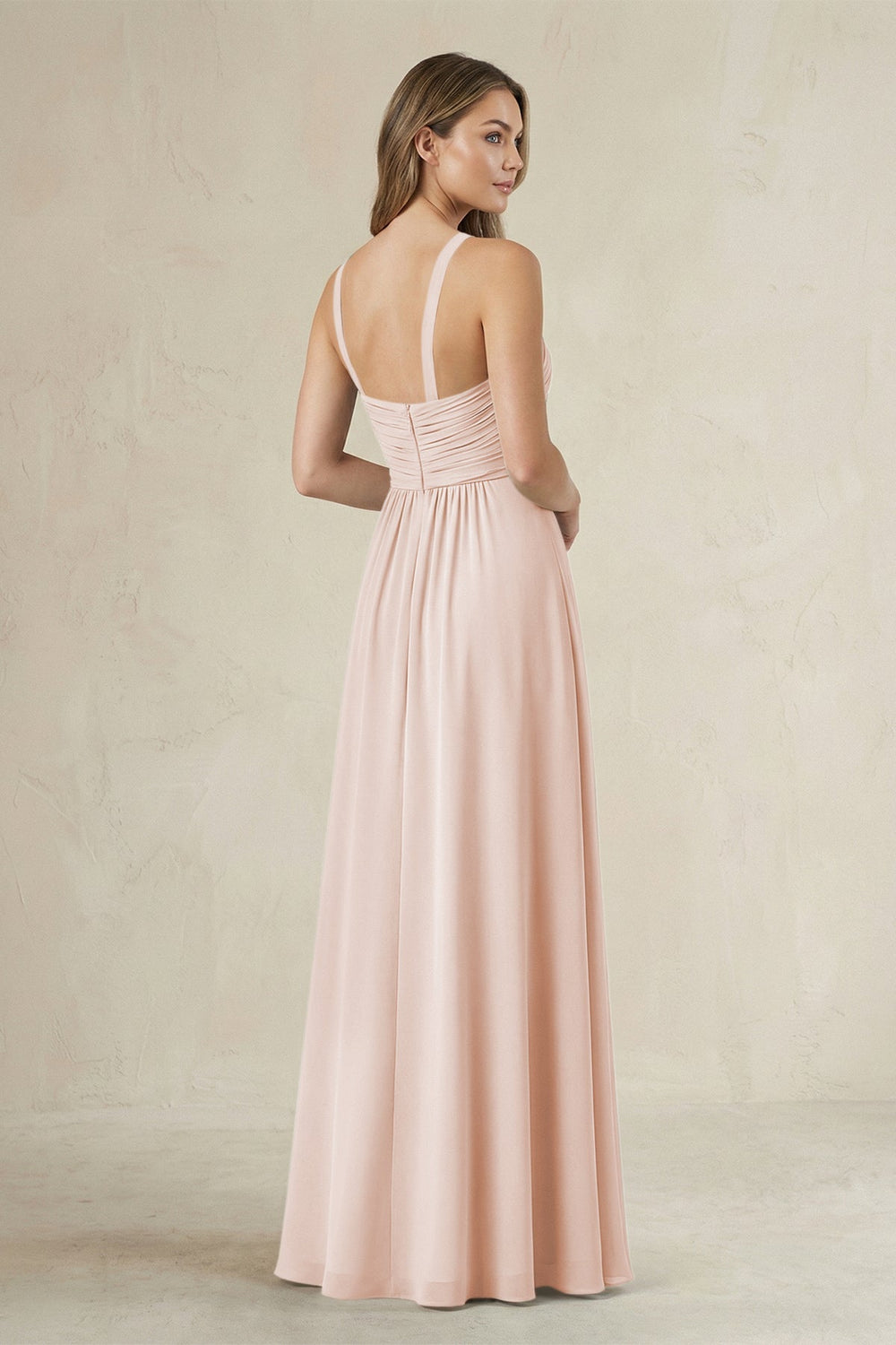 Cross Halter A - Line Pleated Bridesmaid Dress in Pale Blush - KISS BRIDAL Bridesmaid Dresses