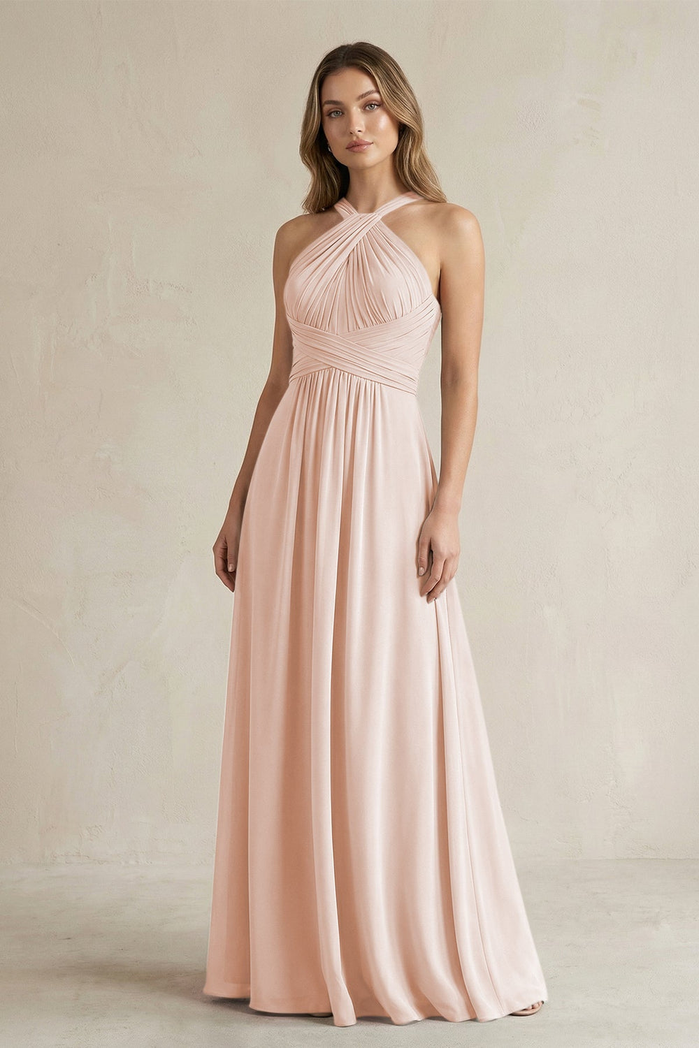 Cross Halter A - Line Pleated Bridesmaid Dress in Pale Blush - KISS BRIDAL Bridesmaid Dresses