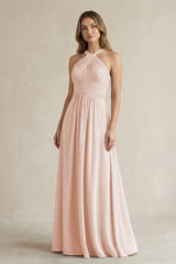 Cross Halter A - Line Pleated Bridesmaid Dress in Pale Blush - KISS BRIDAL Bridesmaid Dresses