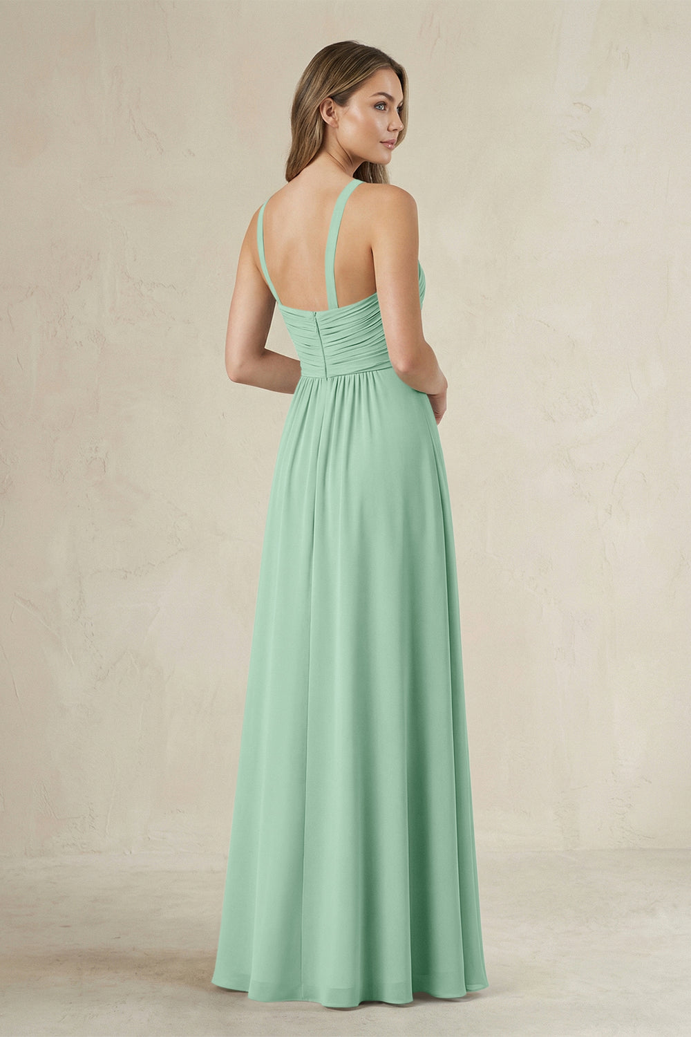Cross Halter A-Line Pleated Bridesmaid Dress in Pale Pistachio