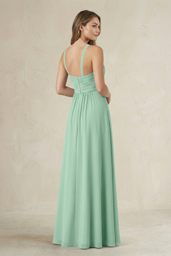 Cross Halter A-Line Pleated Bridesmaid Dress in Pale Pistachio (2) | KISSBRIDAL