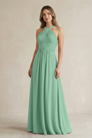 Cross Halter A - Line Pleated Bridesmaid Dress in Pale Pistachio - SHE IS ME Bridesmaid Dresses