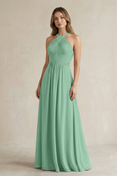 Cross Halter A - Line Pleated Bridesmaid Dress in Pale Pistachio - SHE IS ME Bridesmaid Dresses