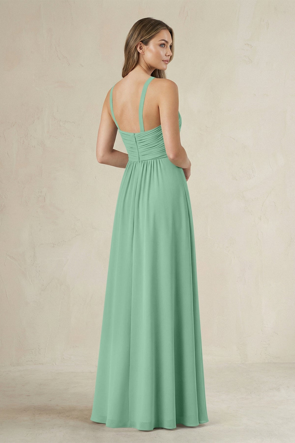 Cross Halter A - Line Pleated Bridesmaid Dress in Pale Pistachio - KISS BRIDAL Bridesmaid Dresses