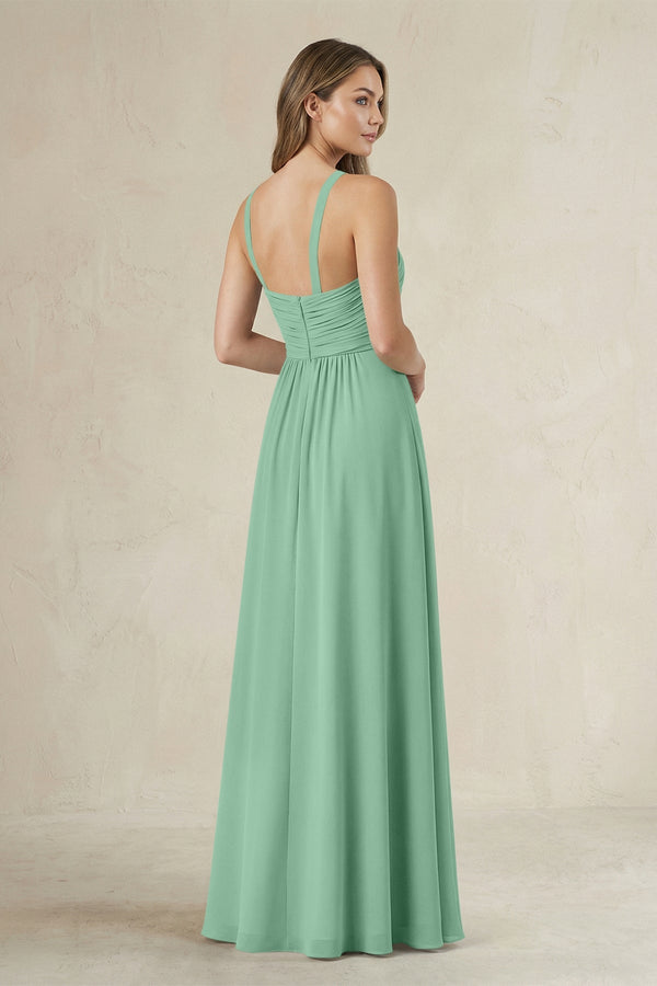 Cross Halter A - Line Pleated Bridesmaid Dress in Pale Pistachio - SHE IS ME Bridesmaid Dresses
