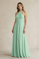 Cross Halter A-Line Pleated Bridesmaid Dress in Pale Pistachio | KISSBRIDAL