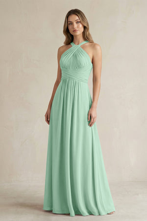 Cross Halter A-Line Pleated Bridesmaid Dress in Pale Pistachio | KISSBRIDAL