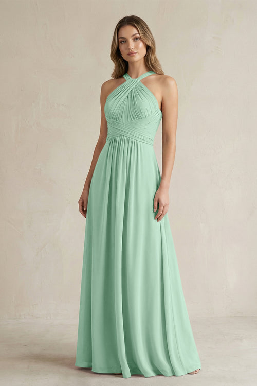 Cross Halter A-Line Pleated Bridesmaid Dress in Pale Pistachio | KISSBRIDAL