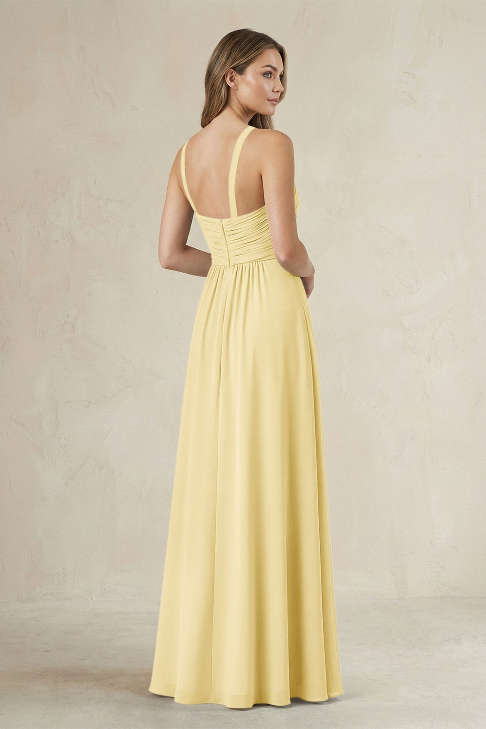 Cross Halter A - Line Pleated Bridesmaid Dress in Pastel Yellow - KISS BRIDAL Bridesmaid Dresses