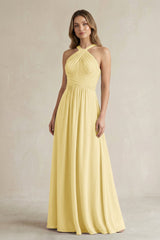 Cross Halter A - Line Pleated Bridesmaid Dress in Pastel Yellow - KISS BRIDAL Bridesmaid Dresses