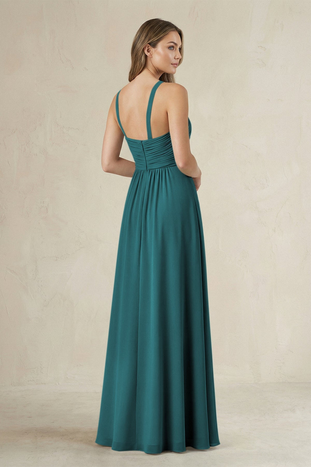 Cross Halter A - Line Pleated Bridesmaid Dress in Pine - KISS BRIDAL Bridesmaid Dresses
