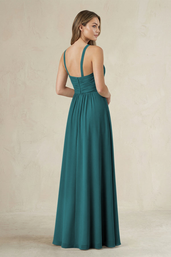 Cross Halter A - Line Pleated Bridesmaid Dress in Pine - SHE IS ME Bridesmaid Dresses