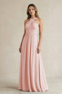 Cross Halter A-Line Pleated Bridesmaid Dress in Rose Petal | KISSBRIDAL