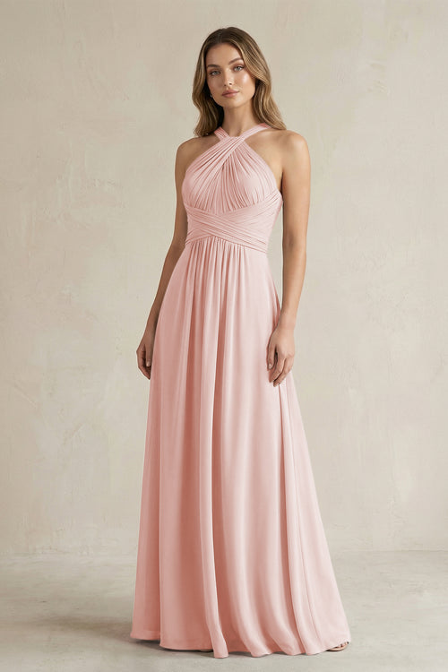 Cross Halter A-Line Pleated Bridesmaid Dress in Rose Petal | KISSBRIDAL