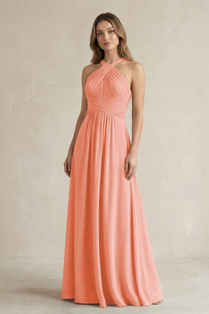 Cross Halter A - Line Pleated Bridesmaid Dress in Rosette - SHE IS ME Bridesmaid Dresses