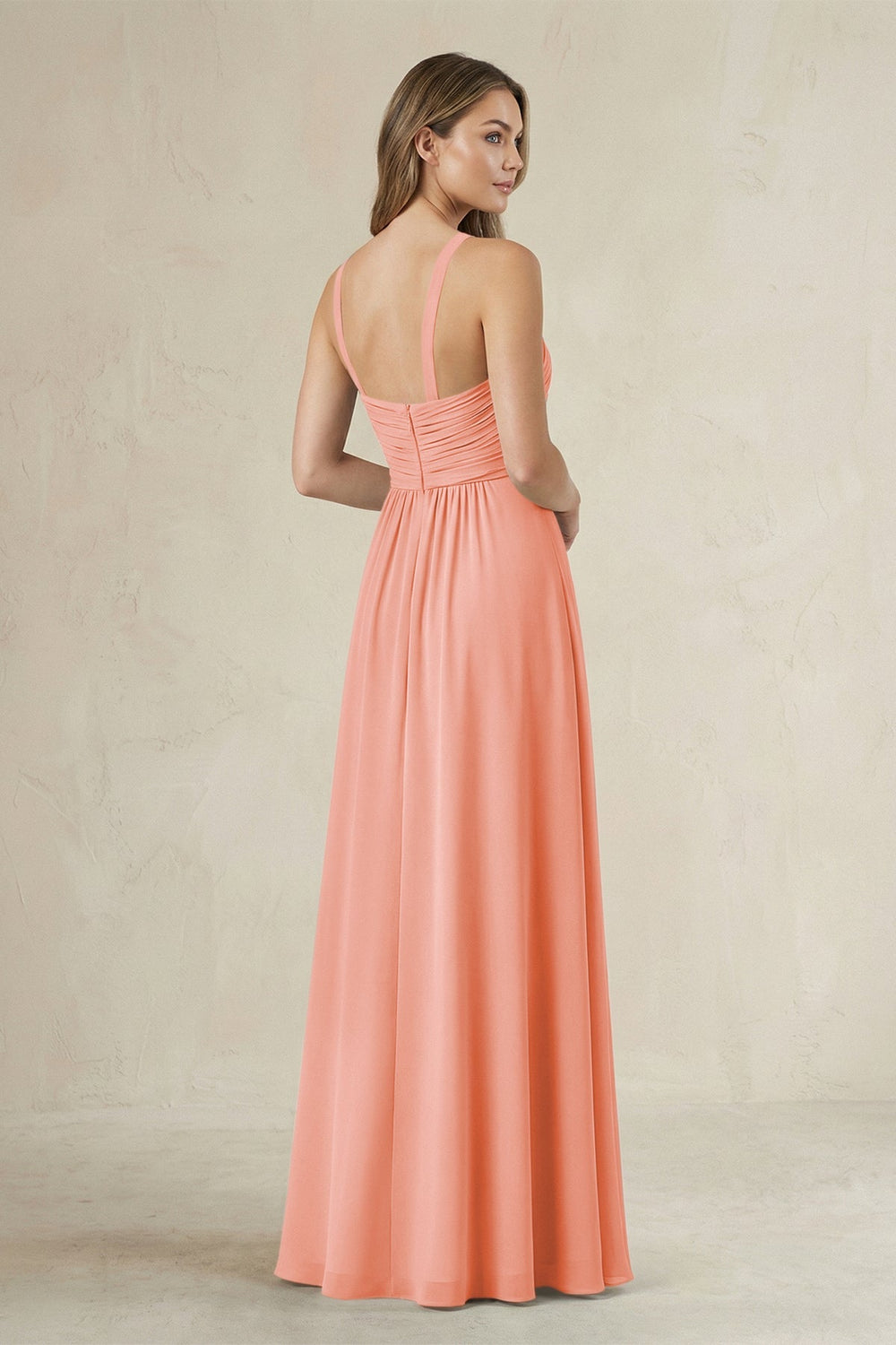 Cross Halter A - Line Pleated Bridesmaid Dress in Rosette - KISS BRIDAL Bridesmaid Dresses