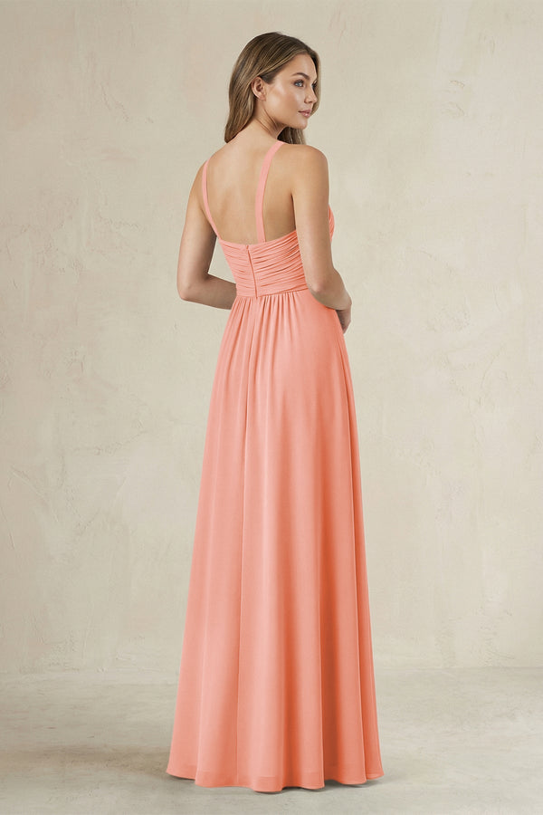 Cross Halter A - Line Pleated Bridesmaid Dress in Rosette - SHE IS ME Bridesmaid Dresses
