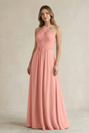 Cross Halter A-Line Pleated Bridesmaid Dress in Rosette | KISSBRIDAL