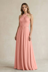Cross Halter A-Line Pleated Bridesmaid Dress in Rosette | KISSBRIDAL