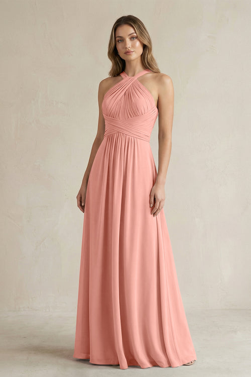 Cross Halter A-Line Pleated Bridesmaid Dress in Rosette | KISSBRIDAL