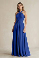 Cross Halter A - Line Pleated Bridesmaid Dress in Royal Blue - KISS BRIDAL Bridesmaid Dresses