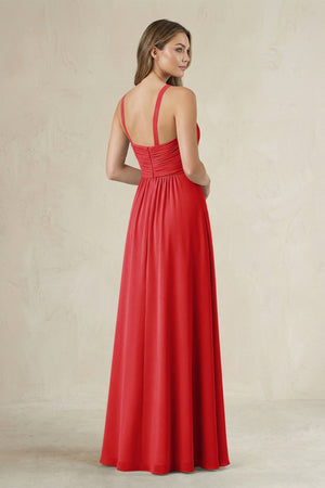 Cross Halter A - Line Pleated Bridesmaid Dress in Ruby Red - SHE IS ME Bridesmaid Dresses