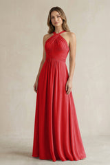Cross Halter A - Line Pleated Bridesmaid Dress in Ruby Red - KISS BRIDAL Bridesmaid Dresses