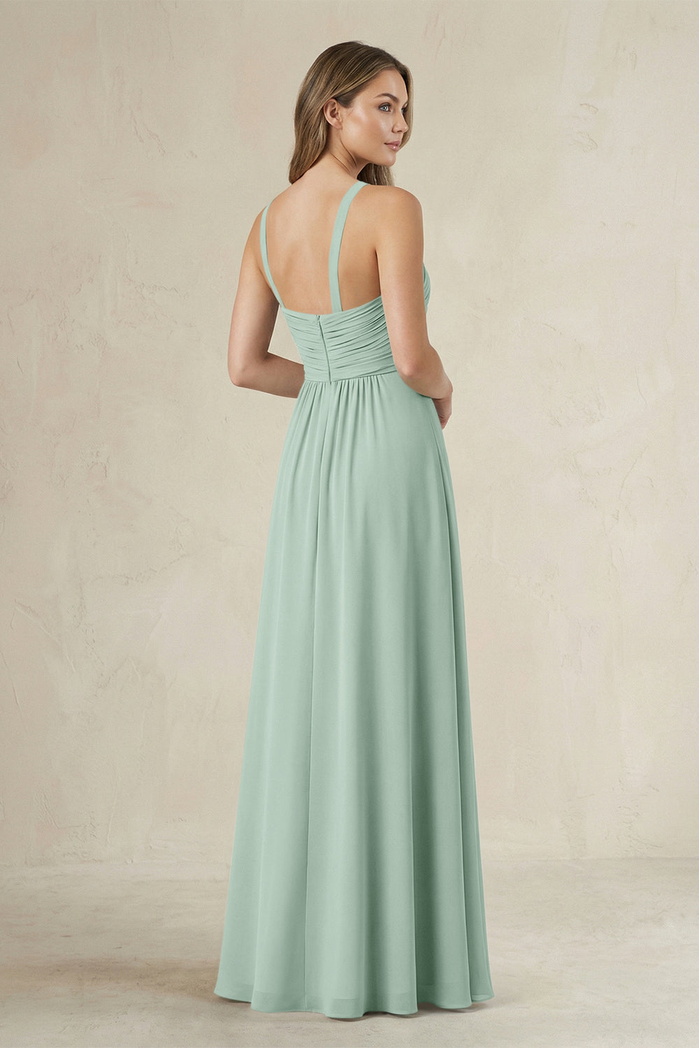 Cross Halter A-Line Pleated Bridesmaid Dress in Sage