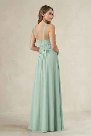 Cross Halter A-Line Pleated Bridesmaid Dress in Sage (2) | KISSBRIDAL