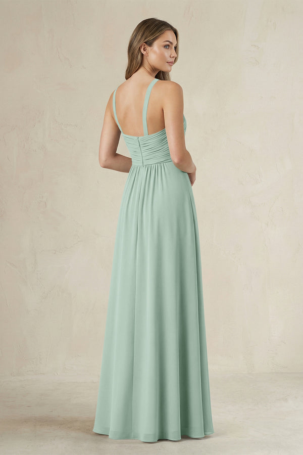 Cross Halter A-Line Pleated Bridesmaid Dress in Sage (2) | KISSBRIDAL